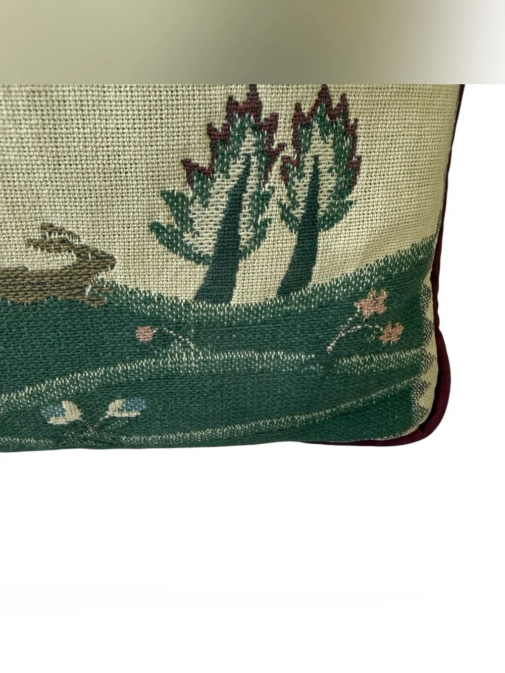 Vintage Folk Art Sampler Tapestry Pillow Cottagecore Grandmillennial Bunny Decor